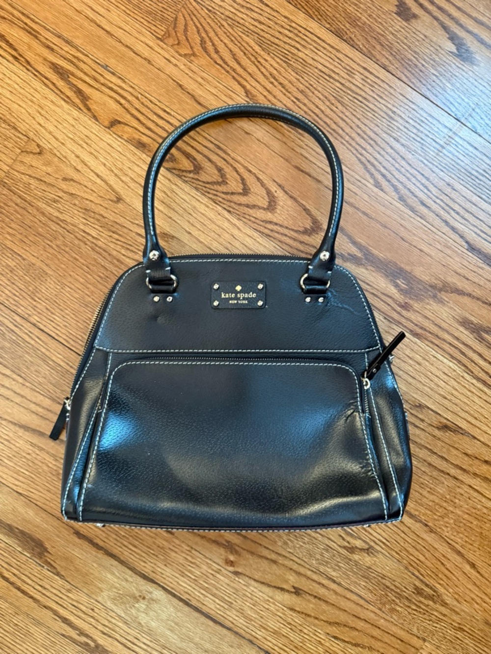 kate spade black leather dome top handle handbag with gold-tone logo